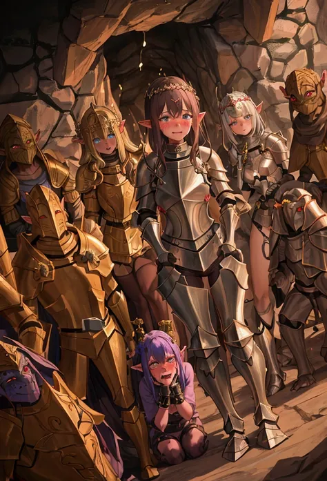 1 young woman,13 years old, ((cave,prohibit)),(handcuffed female paladin surrounded  by multiple goblins,restraint:1.2),goblin,monster,(blush,Are crying),((luxury paladin armor)),spread your legs,dynamic pose,dynamic angle,camel toe、