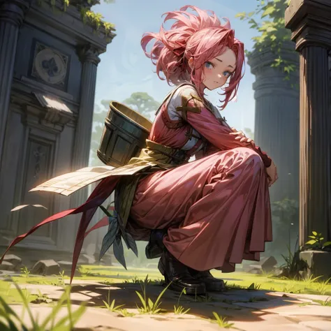 1girl, Full body version, 1character, blue eyes, long Curly haircut, pink colour hair, ancient roman style clothing, red colour clothing, Grassroots, background in field Castle, motion blur, (Hunter x Hunter style)