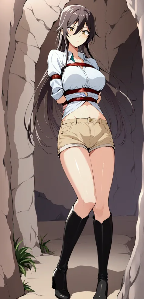 shirase sakuya,Slender and sexy woman,Black thigh-high boots,Beige jeans shorts,cave,Put your hands behind your back,Spider Ito,Constraints,Bondage,insect,Wrap around the body,