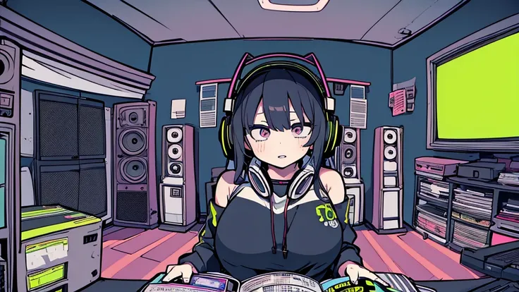 Best quality, (masterpiece), best detail face,1 girl, big breasts, 18 yo, 8k,absurdres,unity 8k wall paper,(extremely detailed:1.3), highest realistic, (retro headphones:), (soft neon light:), (psychedelic), Her room full of music equipment and records, sp...