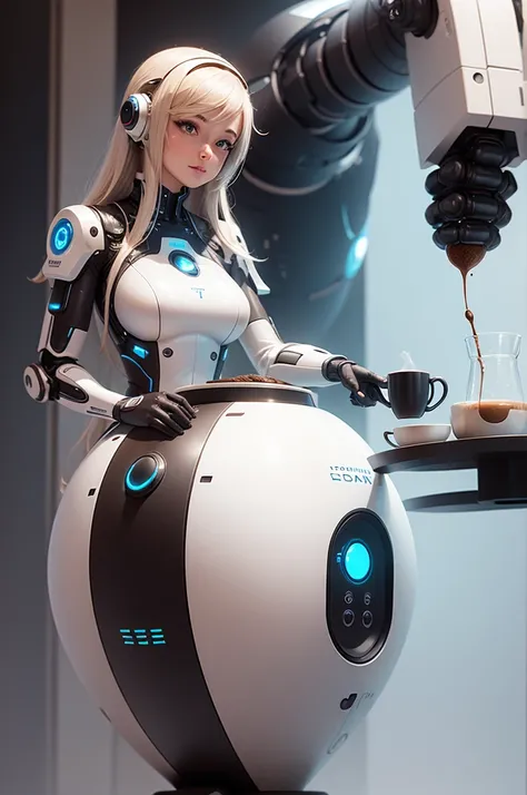 a futuristic AI-powered robot serving a user a cup of coffee, floating coffee beans.