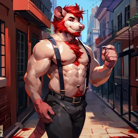 Solo, Medium muscular, Possum, short blood red hair, blood red beard, Small mustache of a blood-red hue, blood red chest fur, Dark gray fur and Cream color, pinkish red and black eyes, pants with suspenders, Shirtless, In New Orleans, By mystikfox61