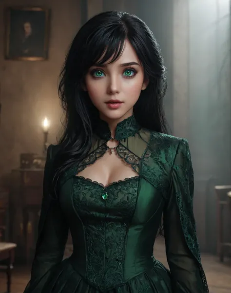 daughter of severus anape, 9-yeart-old , black hair, green eyes,（ultra best quality、in 8K、masuter piece、delicate illustration）,(best quality,4k,8k,highres,masterpiece:1.2),ultra-detailed,realistic,portrait of a beautiful, full body, photo ((cold light)), (...