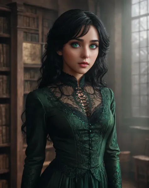 daughter of severus anape, 9-yeart-old , black hair, green eyes,（ultra best quality、in 8K、masuter piece、delicate illustration）,(best quality,4k,8k,highres,masterpiece:1.2),ultra-detailed,realistic,portrait of a beautiful, full body, photo ((cold light)), (...