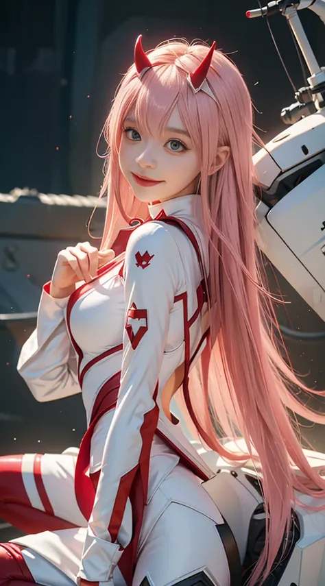 Zerotwo (darling on franxx), darling on franxx, 1girll, rim, self-shot, Smiling, Biting, black shadows, Green eyes, hair behind head, Horns, Long hair, Makeup, Small breasts, pilotsuit, White bodysuit, Pink hair, Red eyeshadow, Science fiction, taut skin, ...