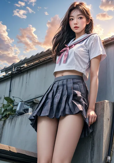 (8K, RAW Photos, Highest quality, masterpiece:1.2)、(Genuine、Realistic:1.37)、1 Girl、Japanese、Black Hair、Long Hair、(From below:1.4), (a 18years old pretty Japanese girl standing on rooftop of the building、school uniform)、((View your audience))、(White Sailor ...