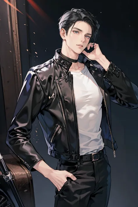 anime - (masterpiece), best quality, seductive eyes, mature face, black eyes, short slicked back black haircut, plain black t shirt, black leather jacket, black pants, tall man, long legs, masculine, broad shoulders, adult-like, full body, hands on hips, b...