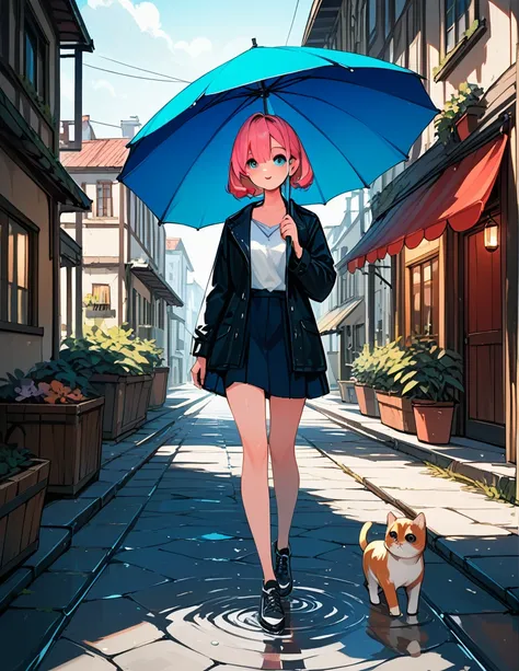 A soft touch to painting、超High resolution, Attention to detail, high quality, High resolution, 最high quality, 4K, 8K,Road after the rain、sunset、Holding an umbrella、Puddle and girl、whole body、In town