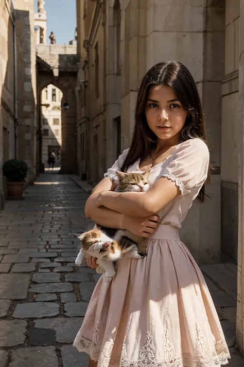 Cartoon image of a girl with a kitten in her arms near the palace