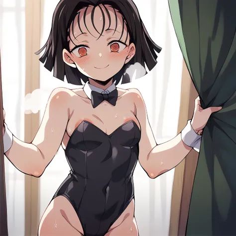 Browsing Caution,Sweat,White Breath,Demon slayer,Terauchi Kiyo,Standing posture,Large areola,White steam,Small breasts,Bunny costume,Open the red curtains,corridor,Welcome,smile