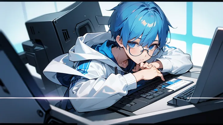 1 boy, short blue hair, blue eyes, wearing white glasses, wearing a hoodie, sitting in front of a computer, opening a cellphone, high quality, 8k