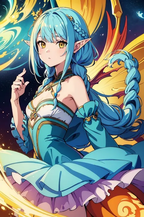 (masterpiece, top quality, best quality, official art, beautiful and aesthetic:1.2), (1girl), extreme detailed,(fractal art:1.3),colorful,highest detailed, cute young girl, light blue hair, long hair, small braids hair, yellow eyes, elf ears, dragon tail, ...