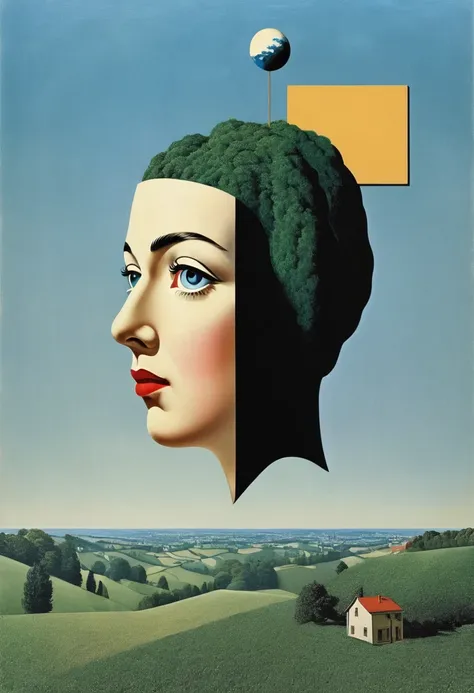 rené magritte，weird misplaced art：collage画，there are many different things on the face，house，geometric dislocation，collage，artis...