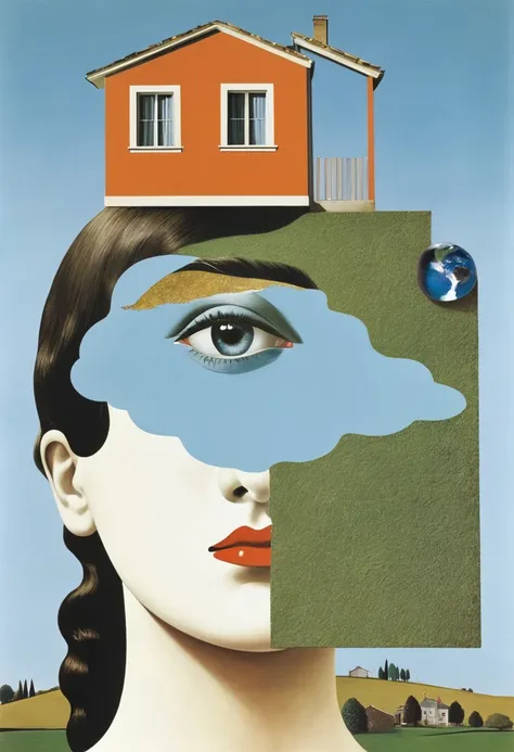 rené magritte，weird misplaced art：collage画，there are many different things on the face，house，geometric dislocation，collage，artis...