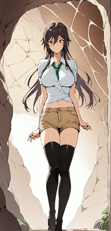 shirase sakuya,Slender and sexy woman,Black thigh-high boots,Beige jean shorts,cave,Put your hands behind your back,Spider It,spiderweb,Constraints,insect,Wrap around the body,両足Constraints,