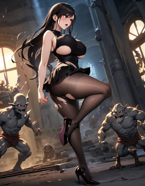 Final Fantasy 7 Tifa Lockhart　　Indoor at night　sexy　Wearing black pantyhose　Wearing a mini skirt、Wearing black clothing、Big Breasts、stylish、My clothes are torn、Attacked by Goblins、Thin legs、Black long hair、bare hands