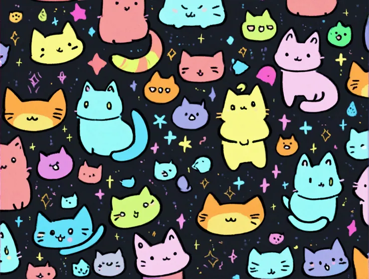 All motifs have a black line edge, colorful cats drawing style