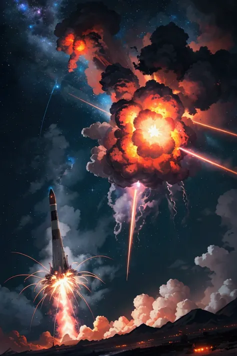 A dark, massive explosion in the sky, bright flashes of light, rocket launch, extreme action, dynamic movement, intense energy, cinematic lighting