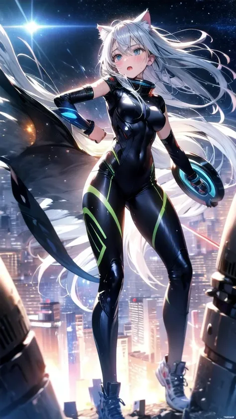 A silver-haired beautiful girl with cat ears eyes are green hair is silver and long clothes: a form-fitting black combat suit The fist is an afterimage The background is a city at night her is in a cat-like fighting pose The year is 14 years monitor, Dark ...