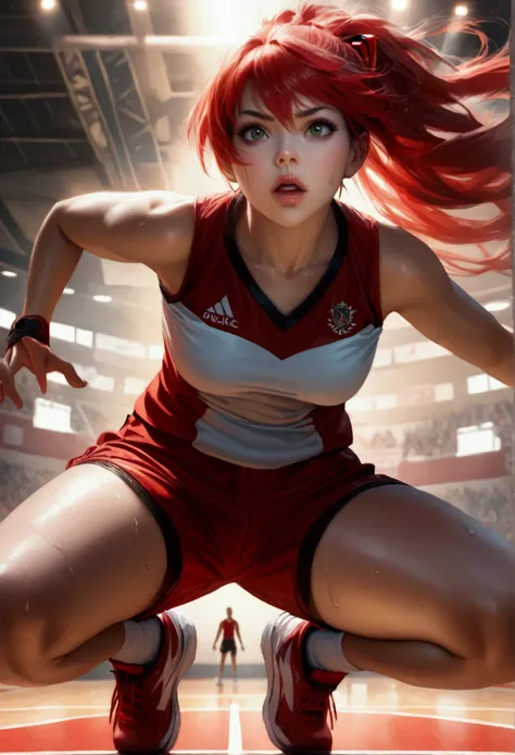 A beautiful girl with striking red hair, dunking，green eyes, and pale skin, Asuka Langley Soryu, anatomically correct, solo, xianxia style, close-up shot, extremely detailed face and features, abasketball player, dunk, basketball court, dynamic pose, power...