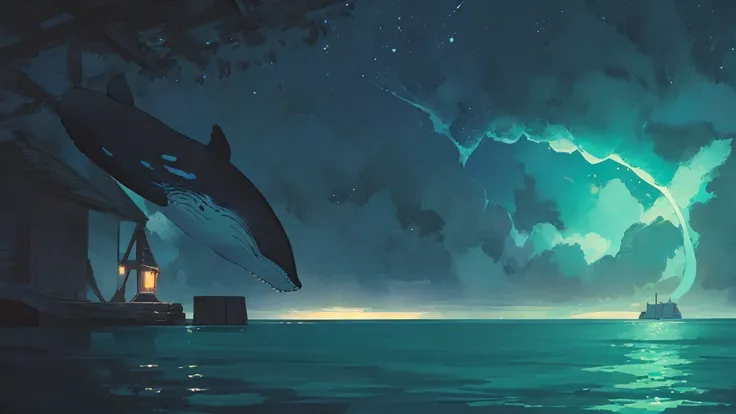 whale　Healing　Silence with no buildings

Night sea painting drawn by a skilled artist
Blue ocean, underwater, a very beautiful and delicate touch, soothing healing
The overall impression is blue, black, and moonlight

Background that does not show people
