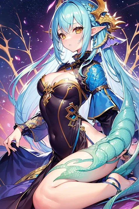 (masterpiece, top quality, best quality, official art, beautiful and aesthetic:1.2), (1girl), extreme detailed,(fractal art:1.3),colorful,highest detailed, cute young girl, light blue hair, long hair, small braids hair, yellow eyes, elf ears, dragon tail, ...