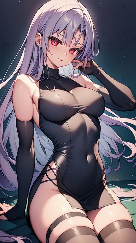 masterpiece, best quality, 1 solo girl, light purple hair, red eyes, long hair, medium breasts, sexy body and face, wavy hair, smile, parted lips, gradient clothes, dress, elbow gloves, sleeveless, bare shoulders, cape, boots, bracelet, sleeveless dress, r...