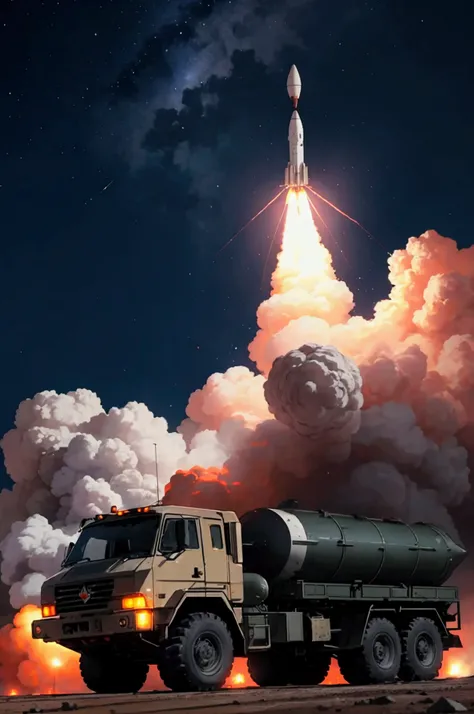 MLRS rocket launch . ROCKET IN THE AIR, dark background extreme explosion bright lights 