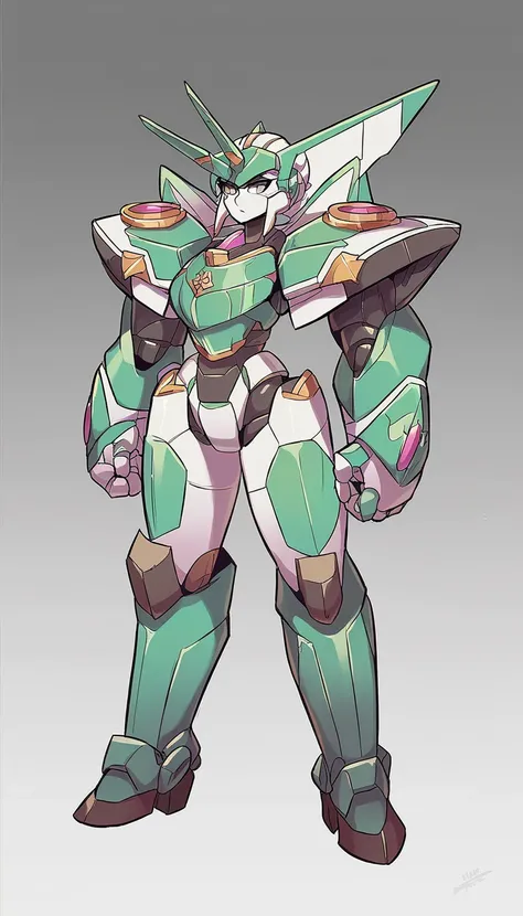 a drawing of a woman in a green and white outfit, girl in Mecha cyber armor, conceptual piece, dishonest anime girl, # Mecha, portrait girl of the zodiac, android heroine, female Mecha, full body concept, badass pose, in opal armor, mecha human