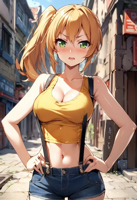 score_9,score_8_up, score_7_up,source_anime.superior,from front,front view,contrapost ,hands on hips,mediumshot, , (mature) ,(One girl:1.2), Outdoor, Green Eyes, Orange Hair, Side Ponytail, Yellow tanktop, cleavage,Sleeveless,navel,slender waist,Denim shor...