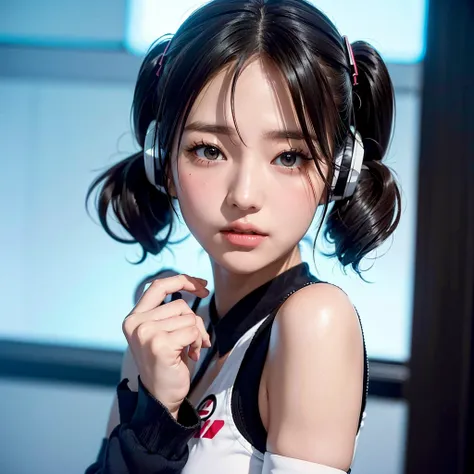 40-year-old Japanese woman、Black Hair、The hair is very short、Twin tails、Hatsune Miku コスプレ、headphones、flat chest、Realistic photos、Realistic、8K quality、tall、No bangs、Live Performance Venues、Singing on a microphone、Close-up of face、Afterschool