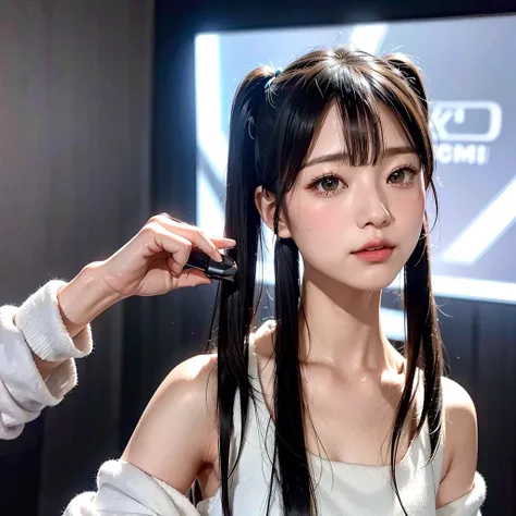 40-year-old japanese woman、black hair、the hair is very short、twin tails、hatsune miku コスプレ、headphones、flat chest、realistic photos...