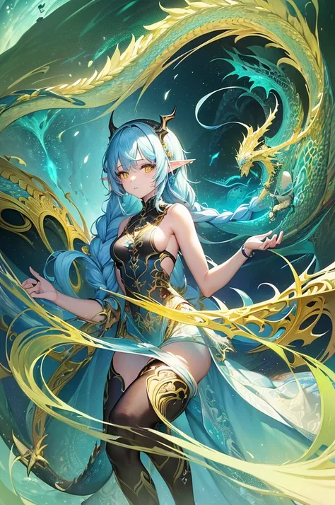 (masterpiece, top quality, best quality, official art, beautiful and aesthetic:1.2), (1girl), extreme detailed,(fractal art:1.3),colorful,highest detailed, cute young girl, light blue hair, long hair, small braids hair, yellow eyes, elf ears, dragon tail, ...