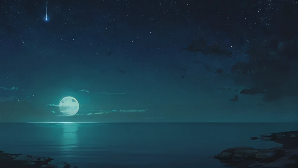 Healing　Silence with no buildings

Night sea painting drawn by a skilled artist
Blue ocean, underwater, a very beautiful and delicate touch, soothing healing
The overall impression is blue, black, and moonlight

Background that does not show people
