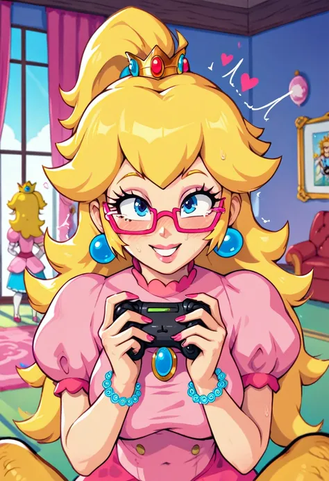 there was a girl with long blonde bangs and beautiful blue eyes. she was dressed simply but fashionably in a princess peach cost...