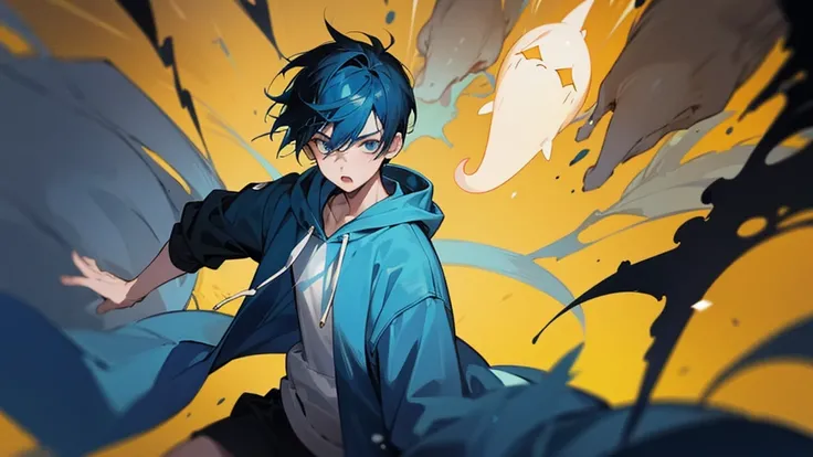 1 boy, black hair, 1 boy, blue hair, 1 boy, yellow hair, wearing a hoodie, scared, chased by ghosts, high quality, 8k