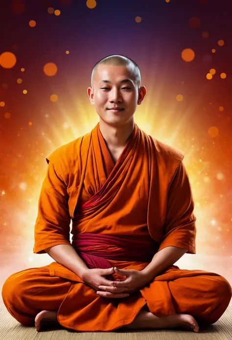 Asian monk，look forward to，meditate with your legs crossed, Not central，Very bright color, Particles of light, In bright light, Musibu, Wallpaper Art, UHD wallpaper、smile、Natural background、Man with face up