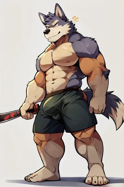 Wolf, By Haps 1boy, abs, animal ears, bara, bulge, full body, white background, Seminude, Boxers, side, Standing, feet, holding Katana,