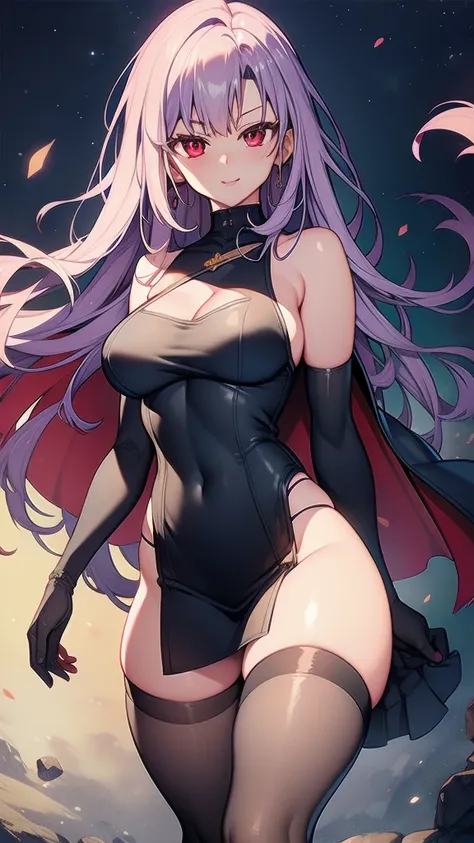 masterpiece, best quality, 1 solo girl, light purple hair, red eyes, long hair, medium breasts, sexy body and face, wavy hair, smile, parted lips, gradient clothes, dress, elbow gloves, sleeveless, bare shoulders, cape, boots, bracelet, sleeveless dress, r...