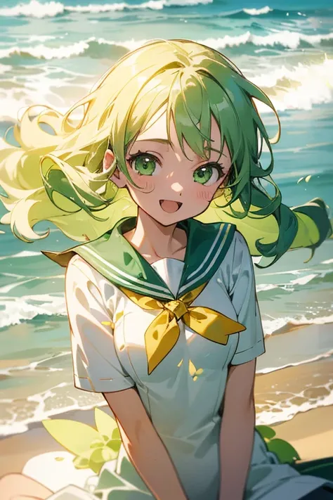 (masterpiece),  anime,scenery,  sandy beach overlooking the sea, petals,  light particles,yellow one piece ,  upper body,  1girl,  sailor,  wavy hair,  floating hair,  smile,  sitting,  open mouth,  light particles,  green hair,  green eyes,  looking at vi...