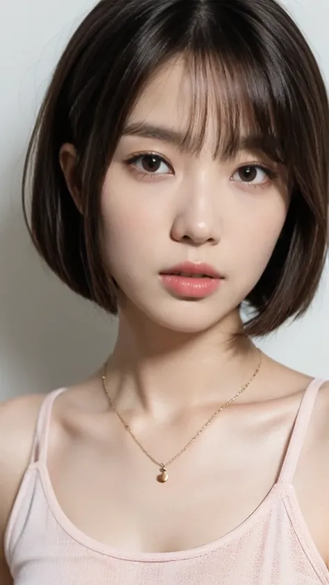 Short brown hair in a bob cut、bangs、big expressive eyes、Smooth Skin、She wore a pale pink tank top and a delicate necklace.、Warm tones、High quality and detailed rendering of a young Asian woman portrait。