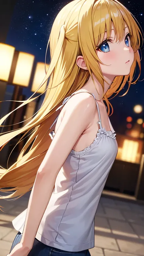 (masterpiece:1.3), (best quality:1.1), (8k, ultra detailed, ultra high res:1.2), ((anime style)), perfect 5 fingers, perfect anatomy, behind arms back, 
1girl,
BREAK long hair, wavy hair, 
(blonde hair), (blue eyes), BREAK medium breasts, (camisole, Sequin...