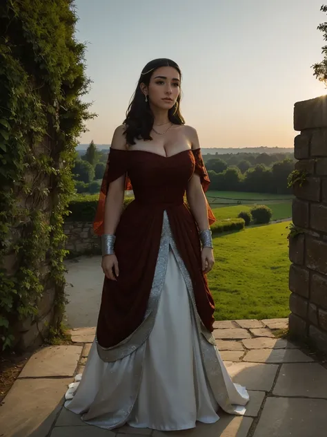 Beautiful and regal, imperious and aloof, busty athletic (thin) brunette queen with sharp facial features wearing a modest updo, dark red medieval dress, long sleeves, wide neck, crown, veil, long dress, modest dress, tight bodice, silver (waist chain), me...