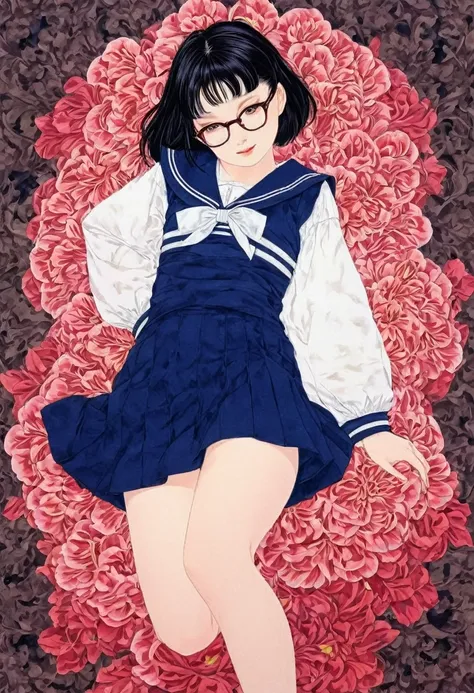 Line art,Flower Art,(Floral:1.2), (masterpiece, Highest quality),Vibrant colors,colorful, Highest quality,virgin, 15 years old,(School Sailor Suit、Navy Blue Skirt)、,White socks、Black Loafers、Crazy Smile、Black Hair、Wide forehead、Short braid、Brow wrinkles、Bl...