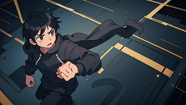 1 boy, black hair, wearing a black hoodie, running in fear, 1 boy, black hair, wearing a black hoodie, running in fear