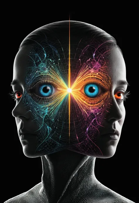 A person shoots two beams of light from both eyes，Reflecting colorful，Atomized black background，Old album cover，Simple style，Surreal futurism