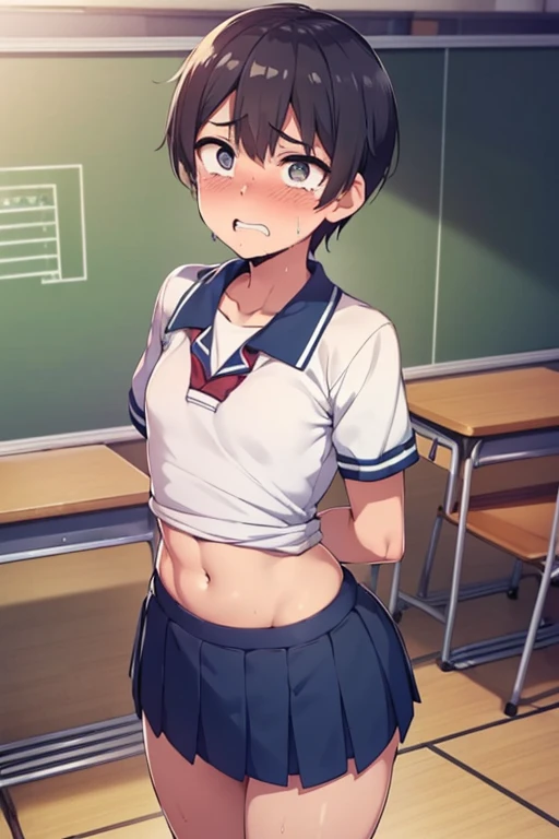 (8k,high quality),(at classroom:1.3), buruma,gym uniform,belly button,((solo,a boy)),(embarrassed and blush,disappointed,constri...