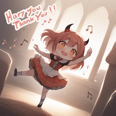 cute devil girl, happy smile, saying "thank you", saying "happy", dancing notes, fun party, hzk