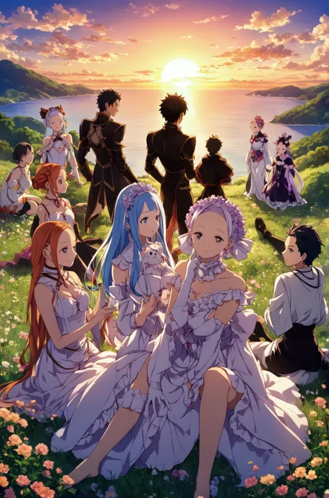 An image with the characters from the anime re Zero Priscilla, Aldebaran, Subaru Natsuki watching the sunset 