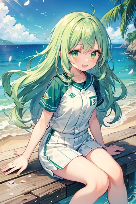 (Masterpiece), animation, landscape, beach overlooking sea, petals, light particles, green baseball uniform, upper body, one girl, long wavy hair, floating hair, smiling, sitting, mouth open, light particles, green hair, green eyes, looking at viewer, face...